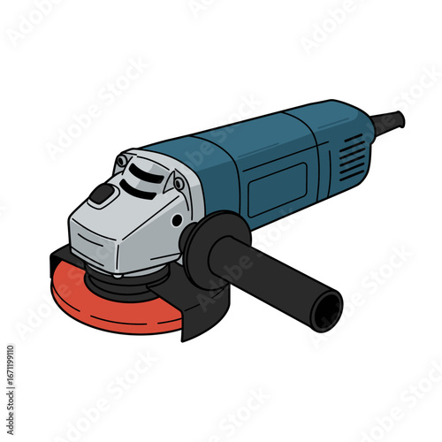 An isolated vector graphic of a robust angle grinder, a crucial electric power tool designed for efficient cutting, grinding, and polishing operations.