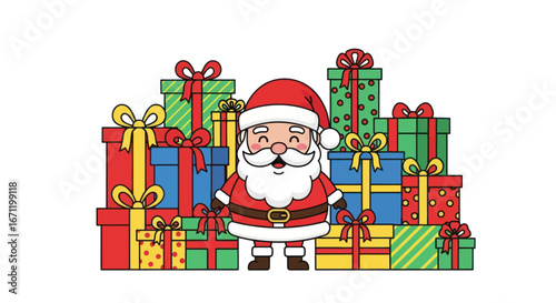 Festive christmas cartoon illustration santa claus with colorful presents heaps of gifts christmas