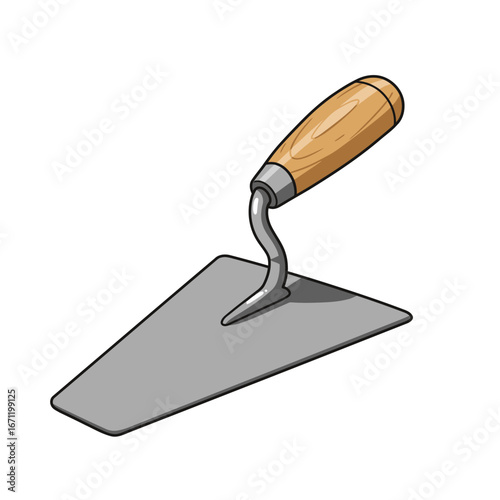A vibrant cartoon illustration showcases a single masonry trowel, featuring a sturdy wooden handle and a pointed metal blade, perfect for construction and gardening tasks.