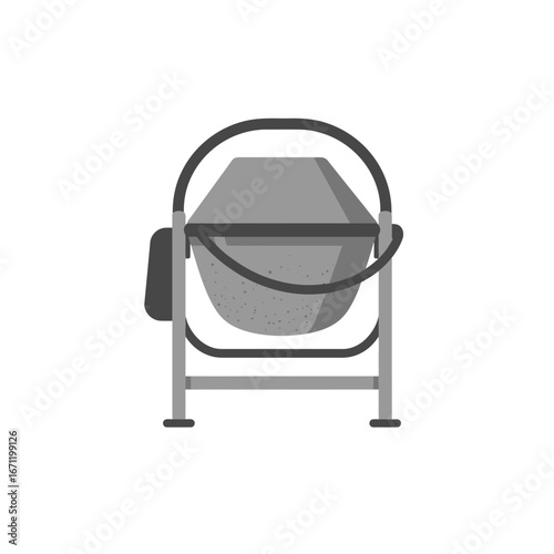 A minimalist flat vector illustration depicts a gray cement mixer, an essential piece of equipment used in construction for mixing concrete and mortar.