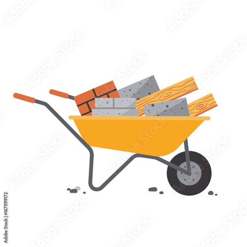 A vibrant yellow wheelbarrow, filled with essential building materials like red bricks, grey concrete blocks, and wooden planks, stands ready for construction work.