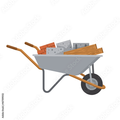 A versatile grey wheelbarrow, loaded with crucial construction materials like red bricks, concrete blocks, and wooden planks, ready for building projects.