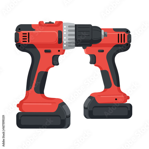 Two modern red cordless power drills, essential for home improvement and professional construction projects, are depicted in a clean vector illustration.