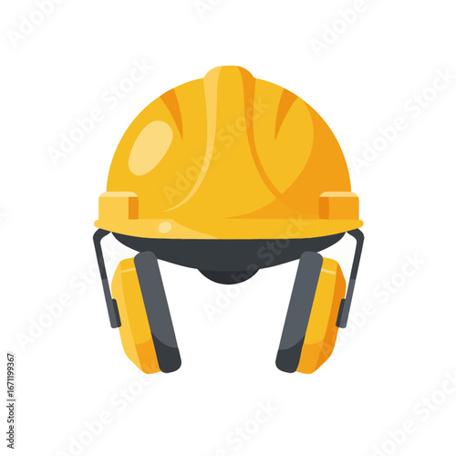 A vibrant yellow hard hat with integrated ear protection, representing essential personal protective equipment for construction, industry, and workplace safety.