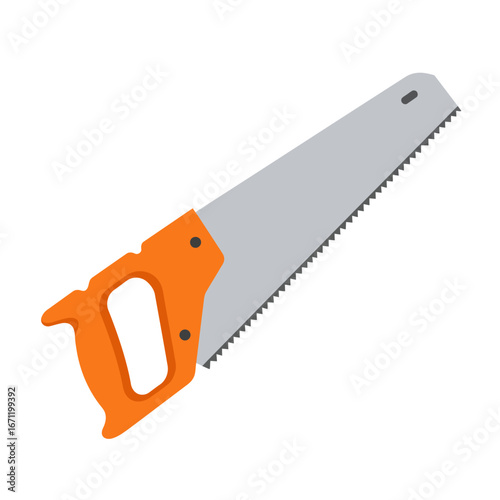 This vibrant illustration showcases a classic hand saw with an ergonomic orange handle and sharp serrated blade, perfect for various woodworking and construction projects.