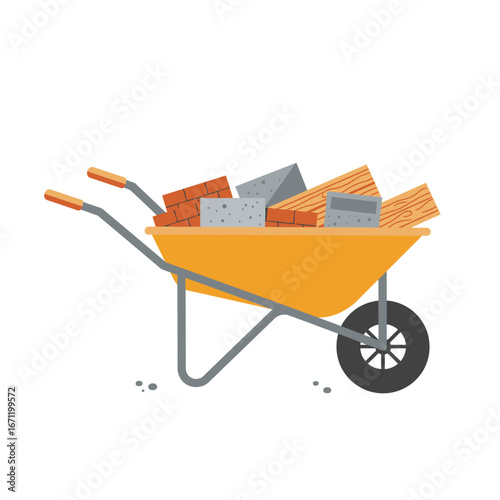 A vibrant yellow wheelbarrow filled with various essential construction materials like bricks, concrete blocks, and wooden planks, ready for a building project.