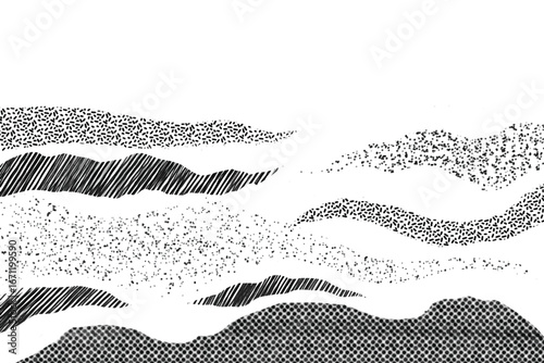 Snowy hills with grainy noise mountain landscape with line art, pencil line, grunge, dot halftone pattern. Mountain hill texture background vector. Abstract dotted mountain range. Wallpaper design 