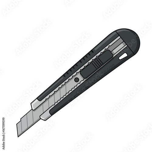 This clean vector illustration depicts a sharp, retractable utility knife, featuring a black handle and silver blade, an essential tool for precise cutting tasks.