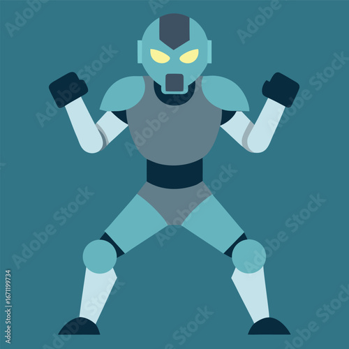 Illustration of a futuristic robot warrior in blue armor ready for battle on a blue background