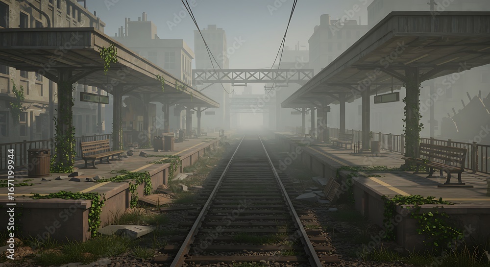 Naklejka premium Abandoned Train Station with Overgrowth