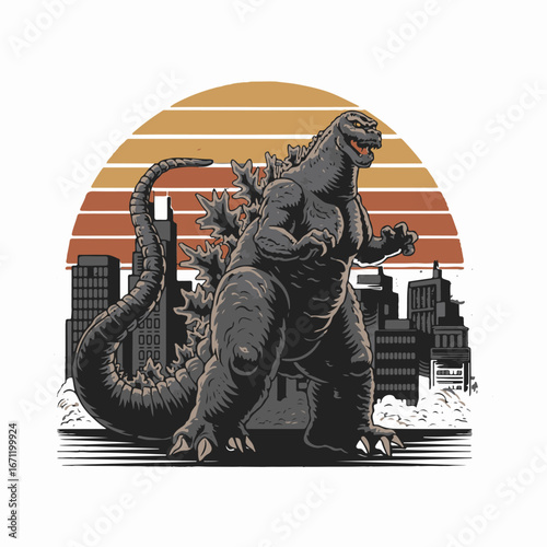 retro design godzilla rampage vector