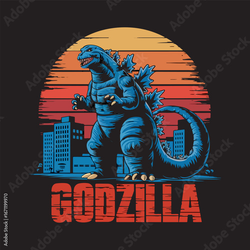 retro design godzilla rampage vector 2