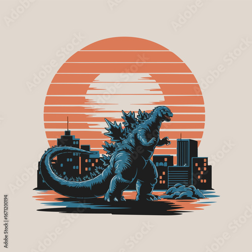 retro design godzilla rampage vector 9