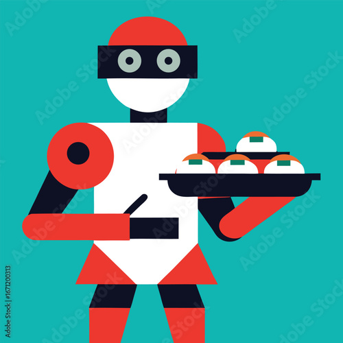 A ninja robot is carrying a tray full of sushi in a restaurant or cafe, modern illustration