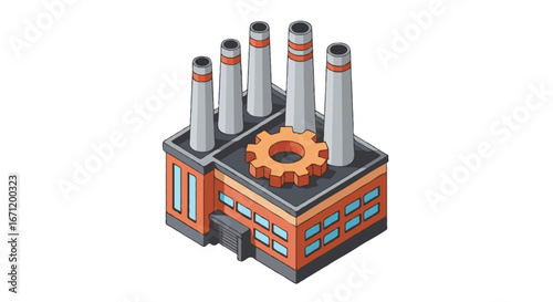 Isometric 2.5D vector illustration of a factory building | Include tall chimneys, gear symbol on rooftop, flat full color, no people, no gradient, isolated on white background