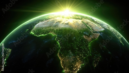 Earth rising, Africa focused, vibrant green glow