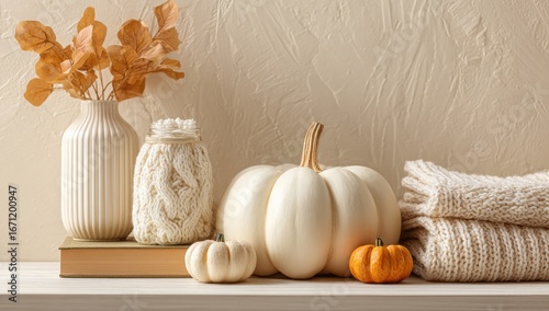 Autumnal decor on a white shelf.  Cream-colored pumpkins, knitted yarn, dried leaves, and cozy sweaters adorn a light beige wall background