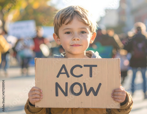 Little Advocate's Plea: A young child stands bravely, holding a sign bearing a powerful message of urgency, urging immediate action in a vibrant demonstration of civic engagement.