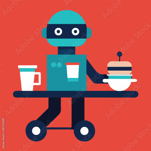 Illustration of a robot waiter delivering food and coffee on a tray against red background