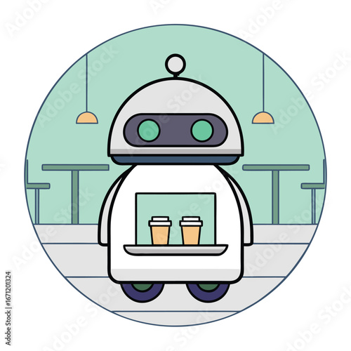 Illustration of a robot waiter delivering coffee in a cafe with tables and lamps background