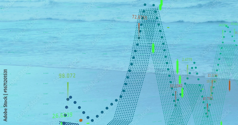 Fototapeta premium Overlaying translucent data visualization over beach shore and sea, dotted curve with bar charts
