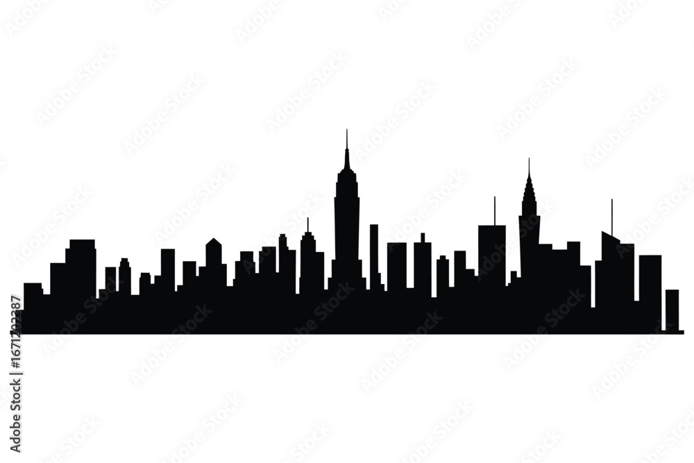 Fototapeta premium Black silhouette of a vibrant city skyline against a white background