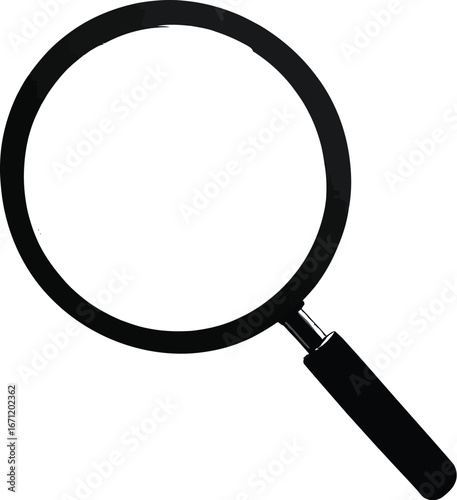 Minimalist magnifying glass icon with black handle and clear lens isolated on white background for search and analysis