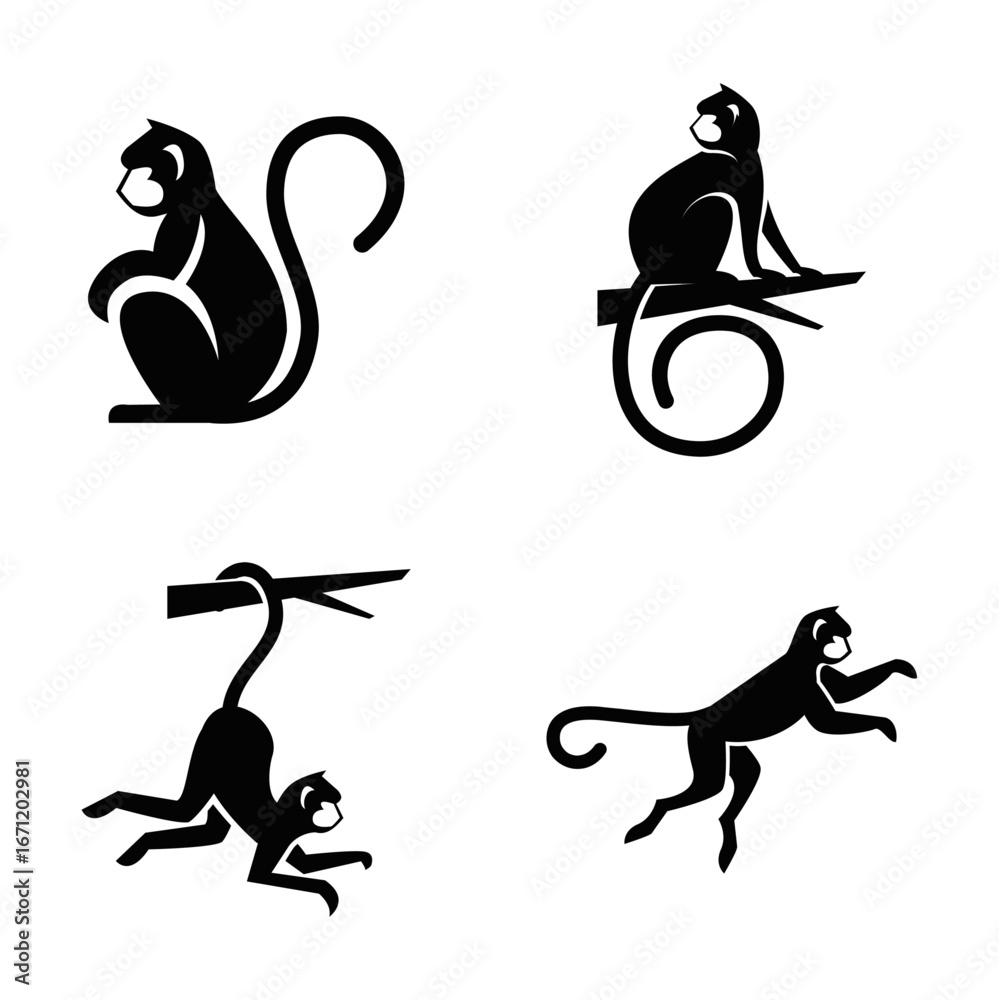 Fototapeta premium Monkey Silhouettes Set in Various Poses - Black and White Vector Icons