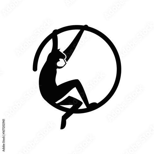 Monkey Silhouette Hanging on Abstract Circular Ring Logo Design