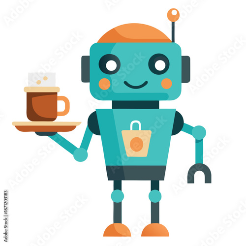 A friendly robot waiter holding a tray with a cup of coffee isolated on white background