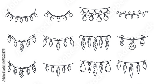 Elegant variety of festive christmas lights garland illustrations vector decorative lights
