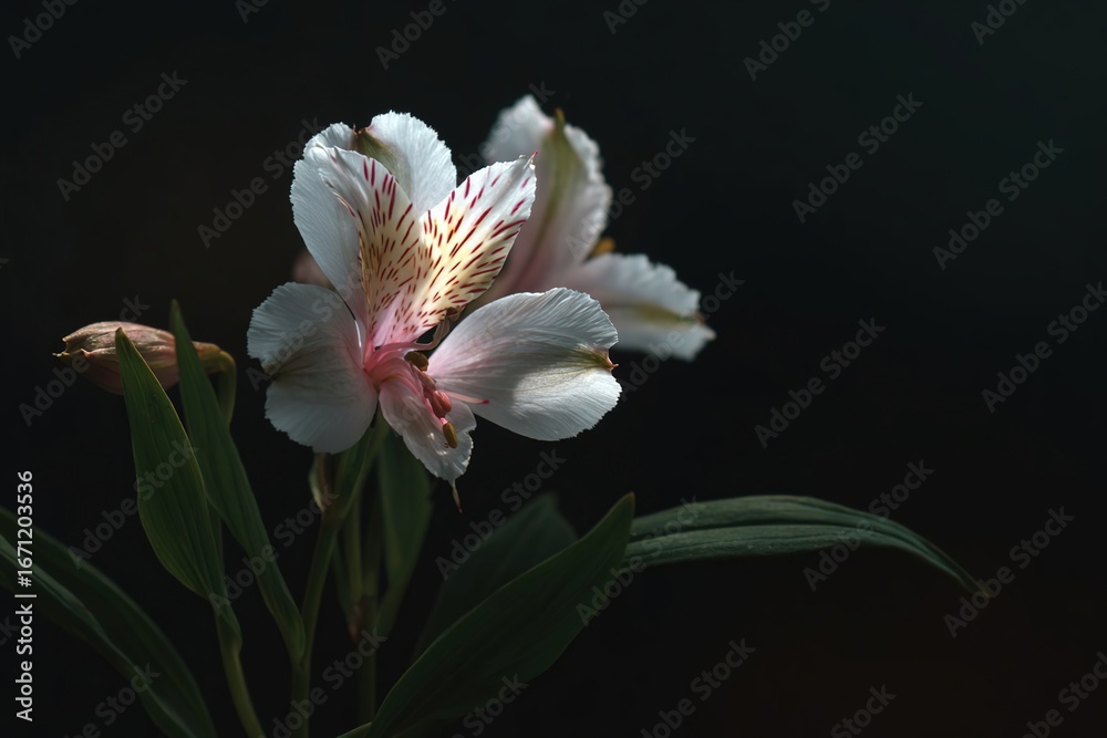 Fototapeta premium A close-up of a delicate white and pink flower with green leaves against a dark background. The petals are softly illuminated, highlighting their texture.