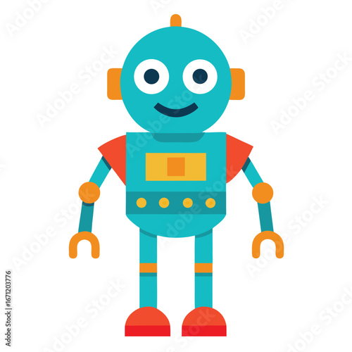 A cute cartoon robot standing with a smile, isolated on white background