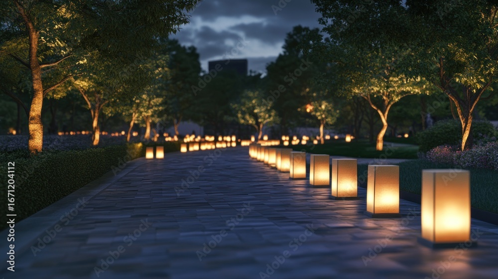 Obraz premium Lined path illuminated by lanterns at dusk, trees frame scene. Buildings in the background