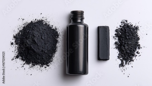 Black cosmetic products, powder and bottle