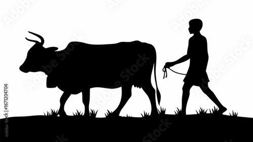 Silhouette of a young person leading a cow across a grassy field in a black and white illustration