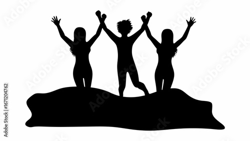 Silhouette of three people with arms raised standing on a dark ground in a celebratory posture