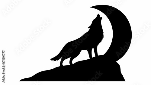 Silhouette of a wolf howling at the moon standing on a rocky hill in a black and white illustration