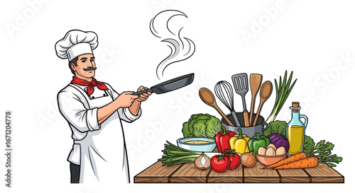 Professional chef preparing meal ingredients on a rustic wooden table backdrop