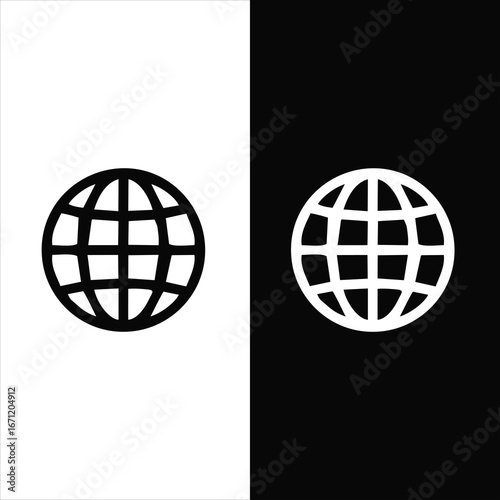 Minimalist black and white globe icon design representing global network, internet, communication, and worldwide connection.