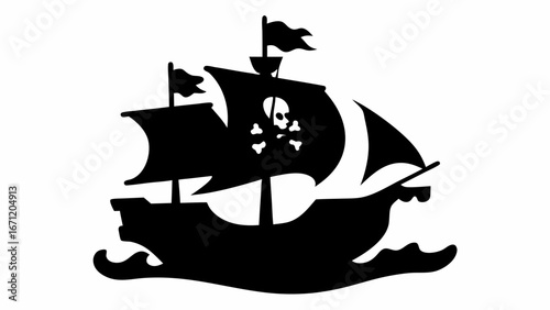 Silhouette of a pirate ship sailing on the ocean with a skull and crossbones flag flying on the mast top