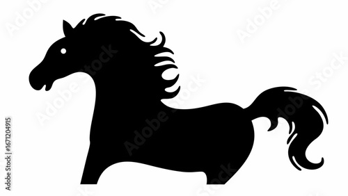 Silhouette of a black horse with flowing mane and tail standing against a white background image art