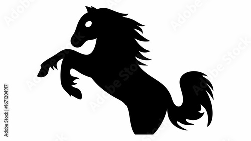 Silhouette of a rearing horse with a flowing mane and tail in a black and white illustration style image