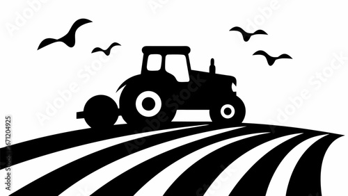 Silhouette of a tractor plowing a field with birds flying above it in a black and white illustration