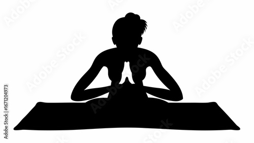 Silhouette of a woman performing yoga on a mat with hands in prayer position in black and white color