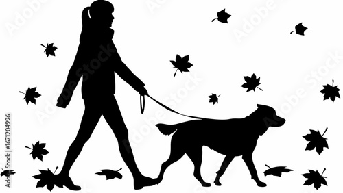 Silhouette of a woman walking a dog with falling leaves in an autumn scene on a white background outdoors