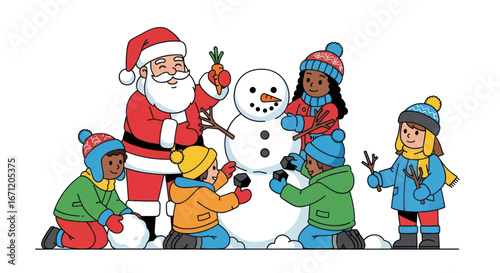 Festive fun illustration of children and Santa Claus building a snowman together on a snowy winter