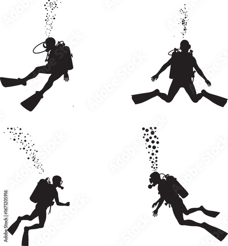 Scuba Diver Silhouette Set – Diving and Underwater Adventure Vector