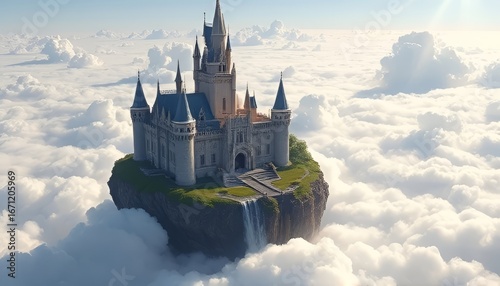 A grand castle floating on an island above the clouds The castle