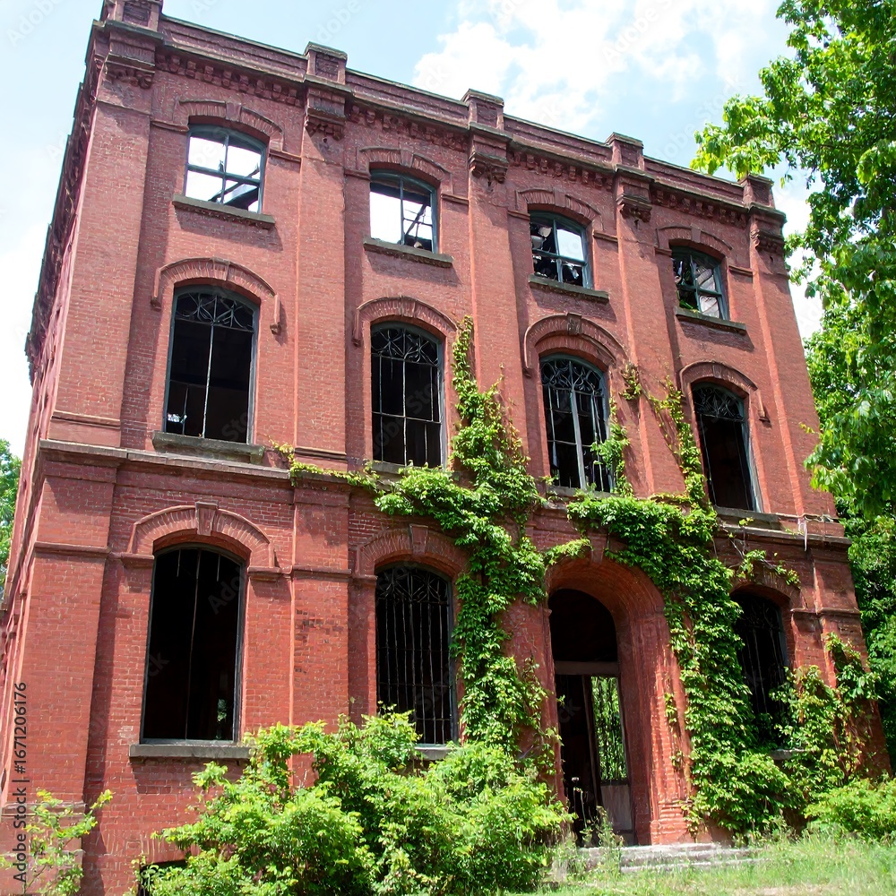 Fototapeta premium Abandoned brick building overgrown with vines